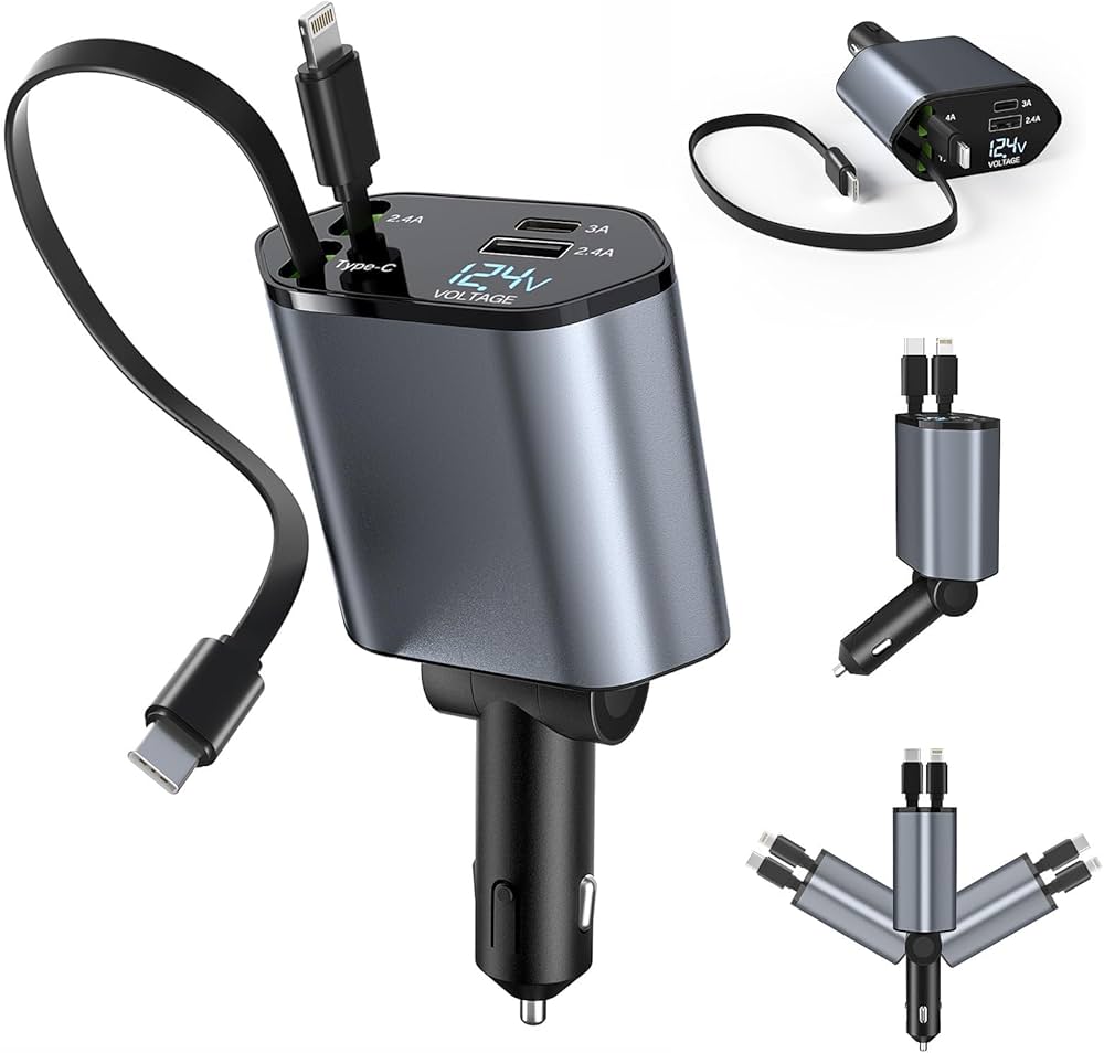 REMAI 4-in-1 Retractable Fast Car Charger with USB-A & USB-C Ports
