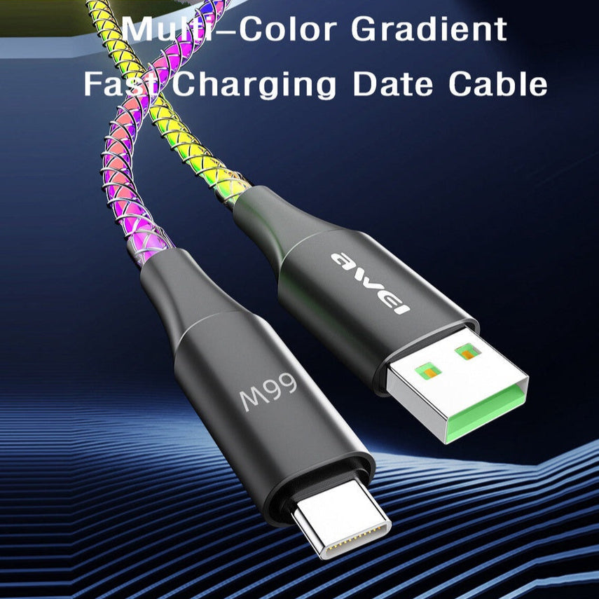 Awei Super Fast Charger Data Cable USB to Type-C RGB colors 100 cm