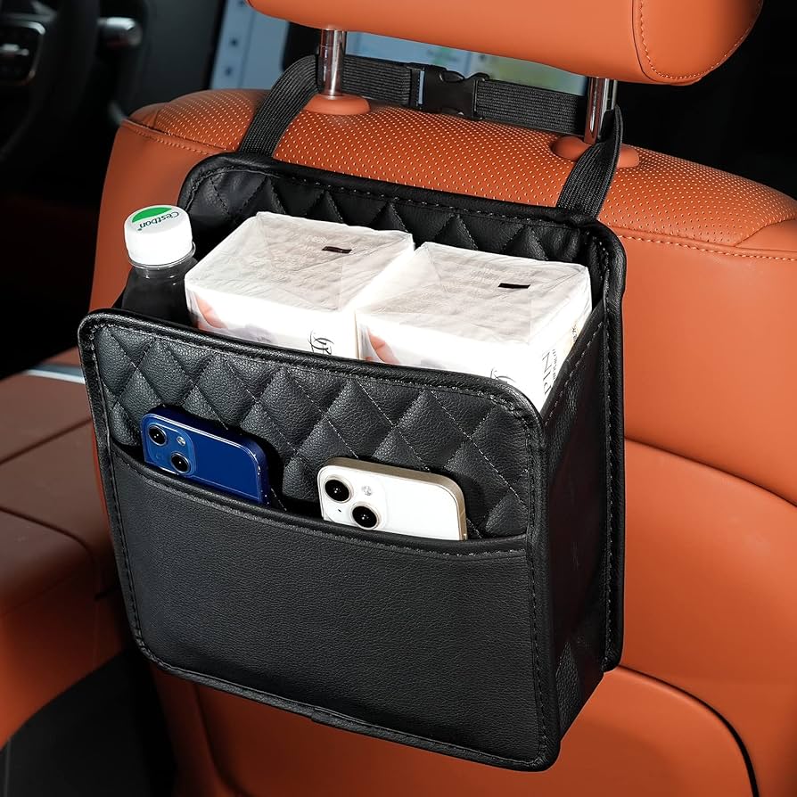 Car Back Seat Storage Leather Bag Black 2 Pockets 25x25 cm