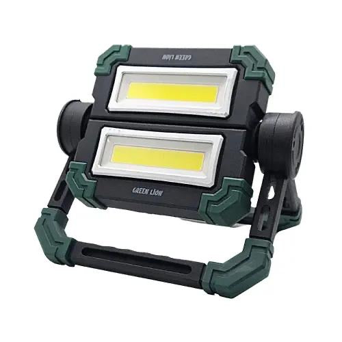 Portable LED light with green and black casing, designed for outdoor use such as camping.