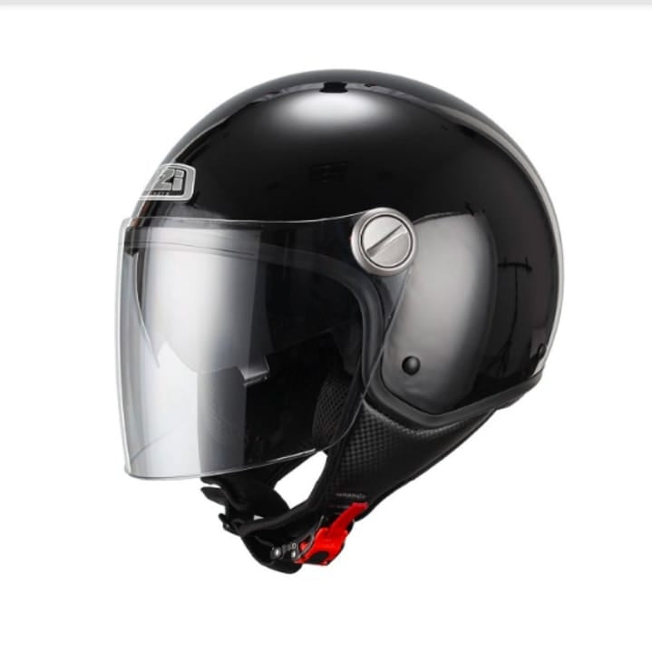 Black motorcycle helmet with clear visor on