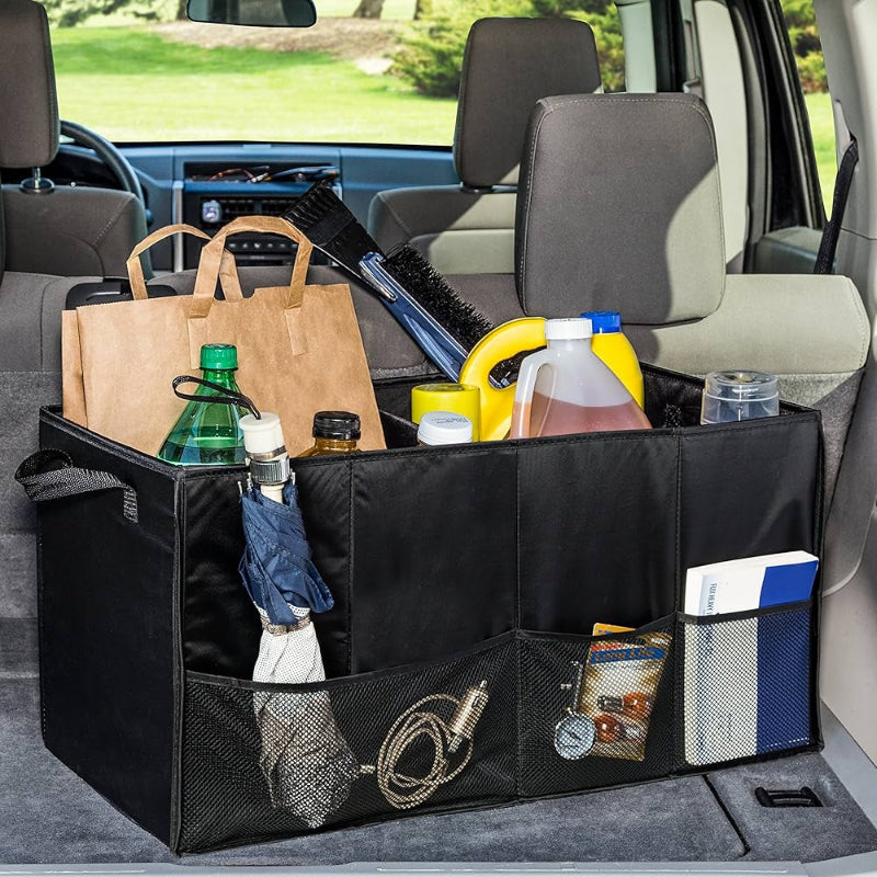 Car trunk organizer with various items inside a vehicle