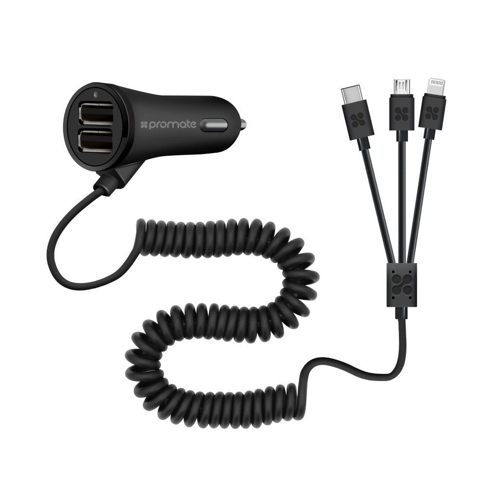 PROMATE Car Lighter Charger Trio 2 USB ports 3in1 180 cm