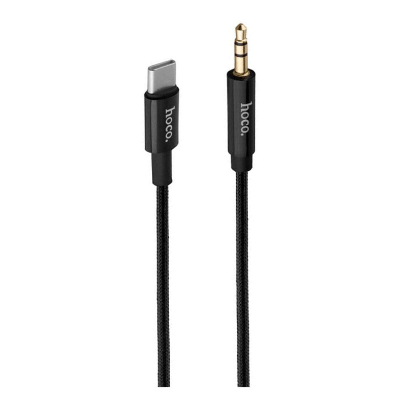 Black audio cable with USB-C and 3.5mm jack connectors