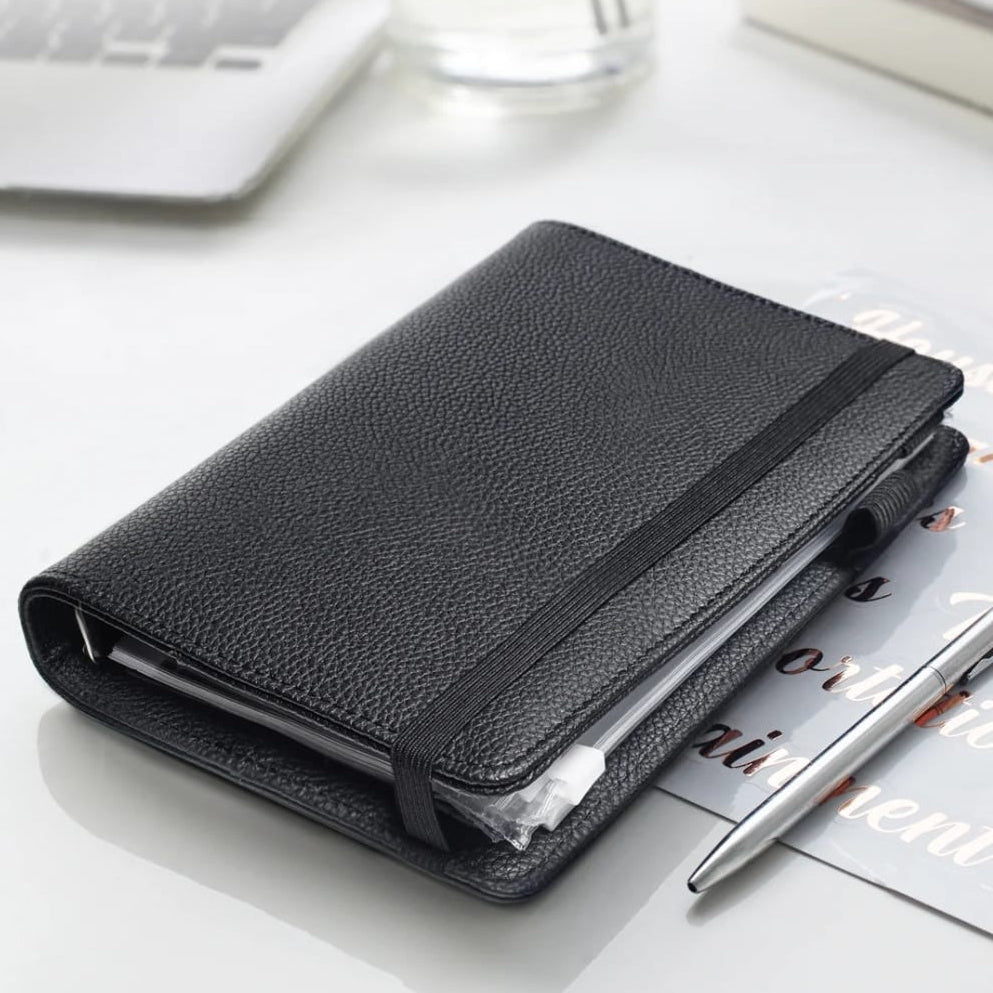 Leather Money Organizer Binder 8 Zipper Pockets +Ruler +Pen 18x12 cm