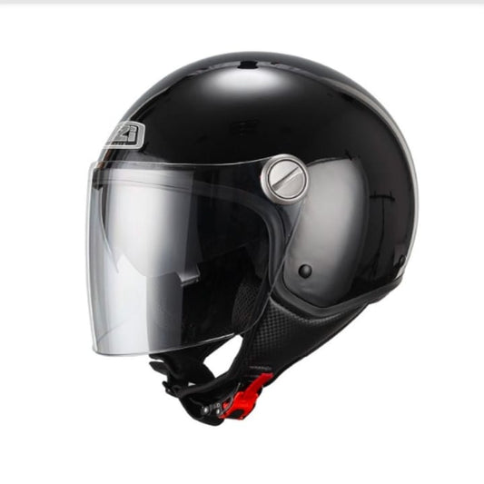 Black motorcycle helmet with clear visor on 