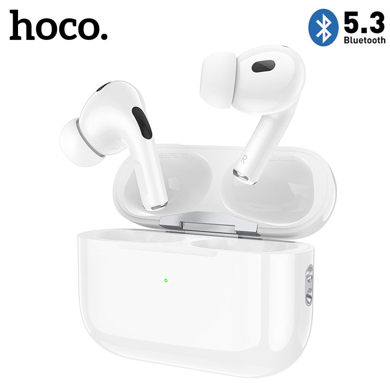 White wireless earbuds with charging case and Bluetooth 5.3 