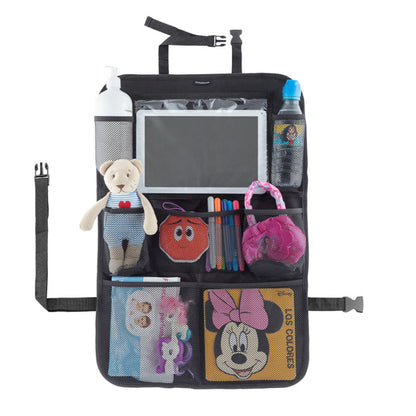 Car organizer with various items including a teddy bear, plush toys, and a water bottle