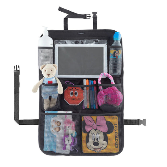 Car organizer with various items including a teddy bear, plush toys, and a water bottle