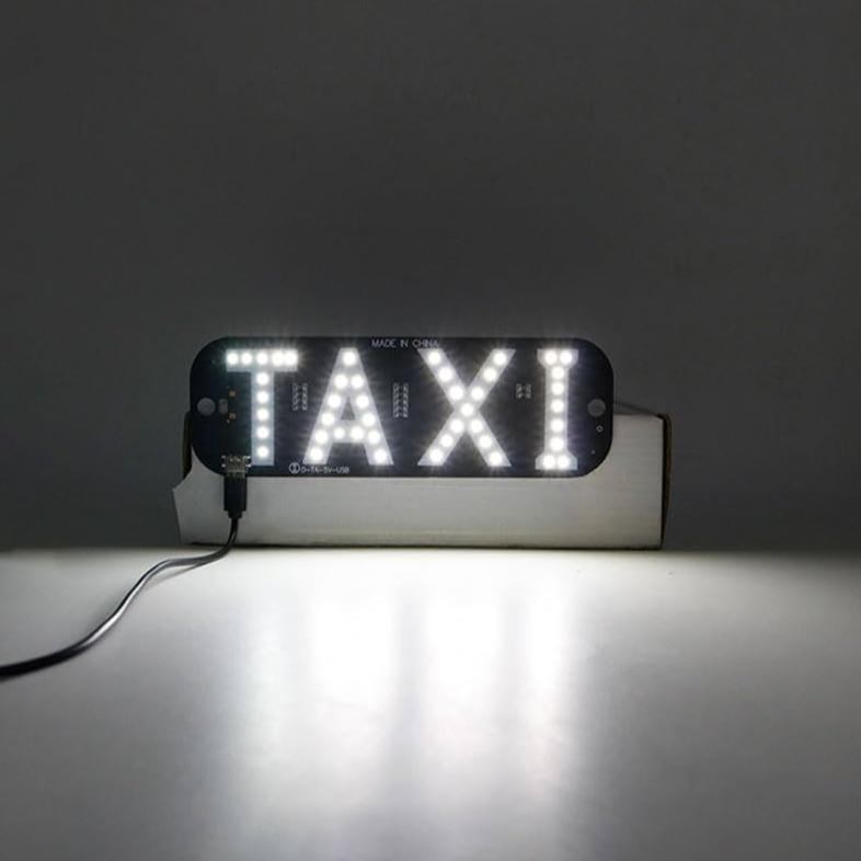 Taxi White LED Light Logo Plate w Car Charger 5x19 cm