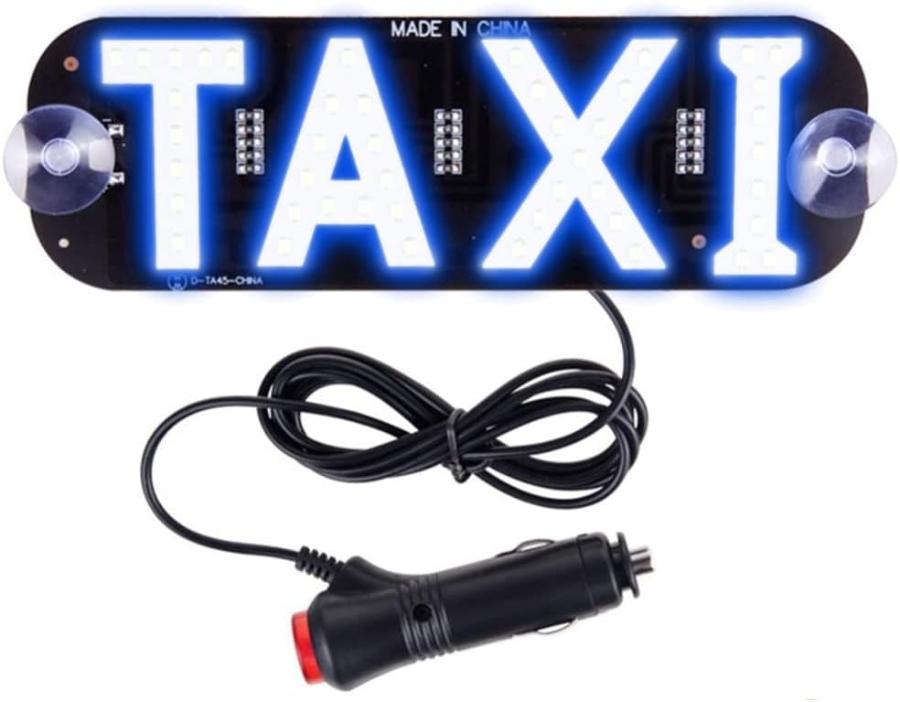 Taxi White LED Light Logo Plate w Car Charger 5x19 cm