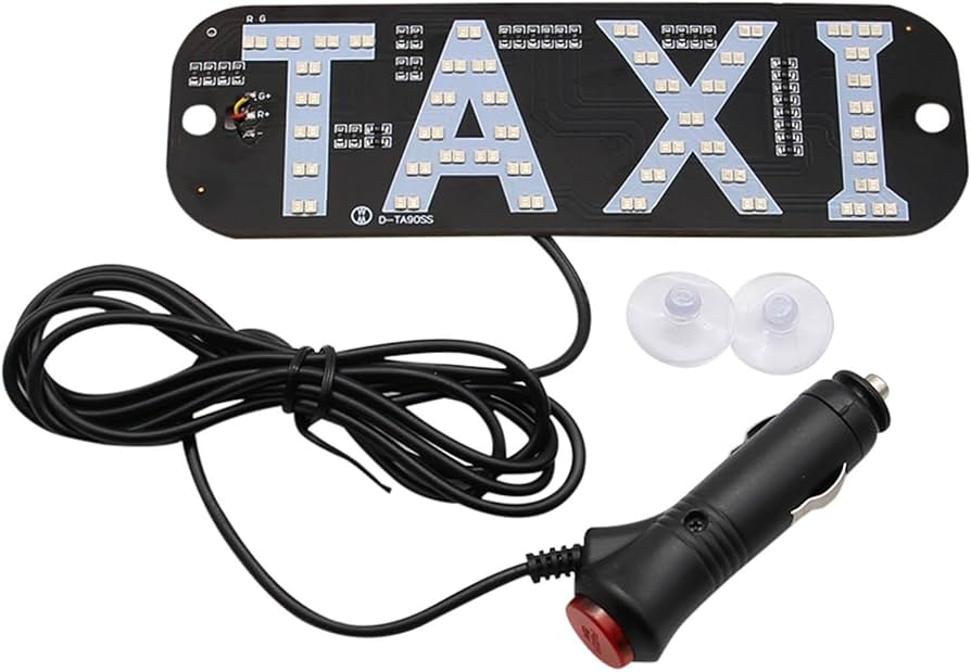 Taxi White LED Light Logo Plate w Car Charger 5x19 cm