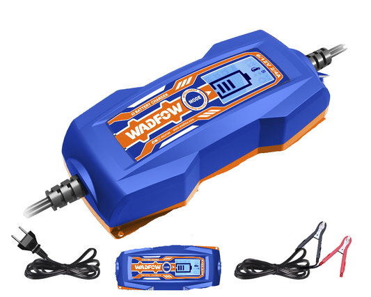 Blue and orange battery charger with digital display and cables 