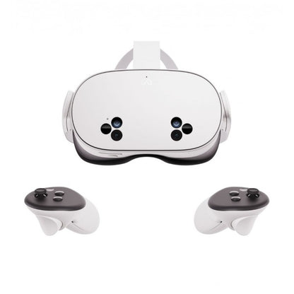 VR headset with two controllers on a white background