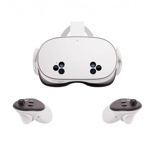VR headset with two controllers on a white background